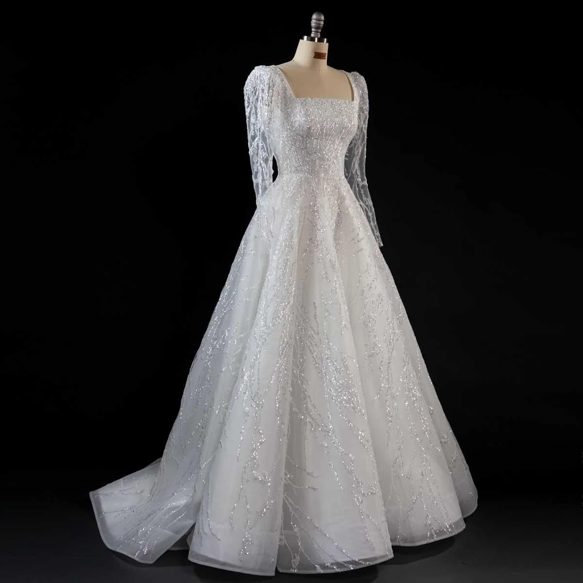 Embroidered wedding dress with a full skirt on a dress form