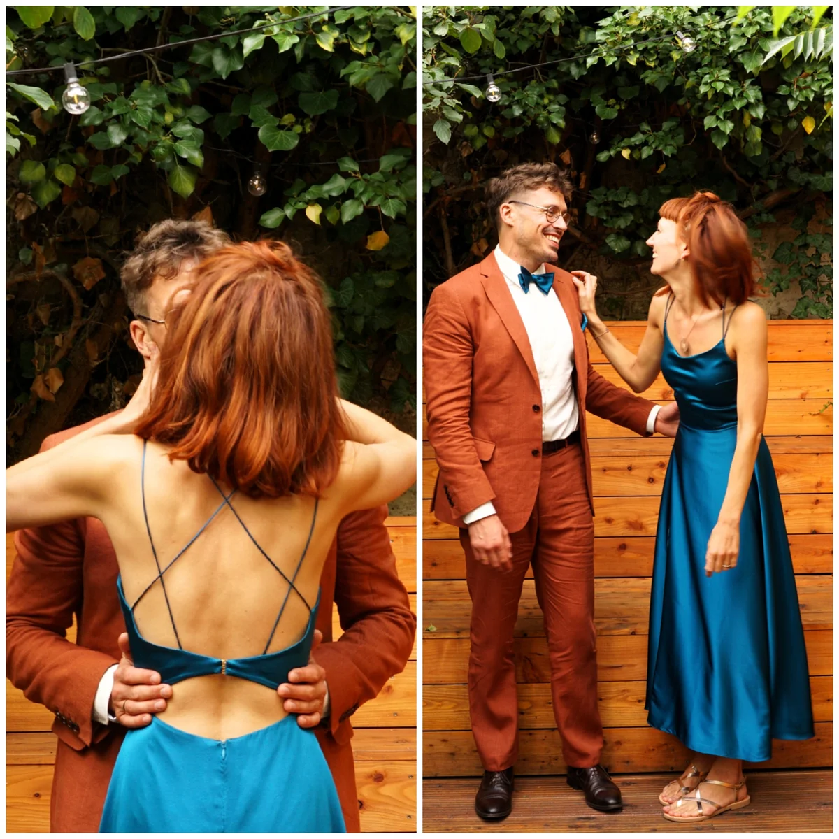 Two views of a blue wedding dress with slender crossed straps at the back